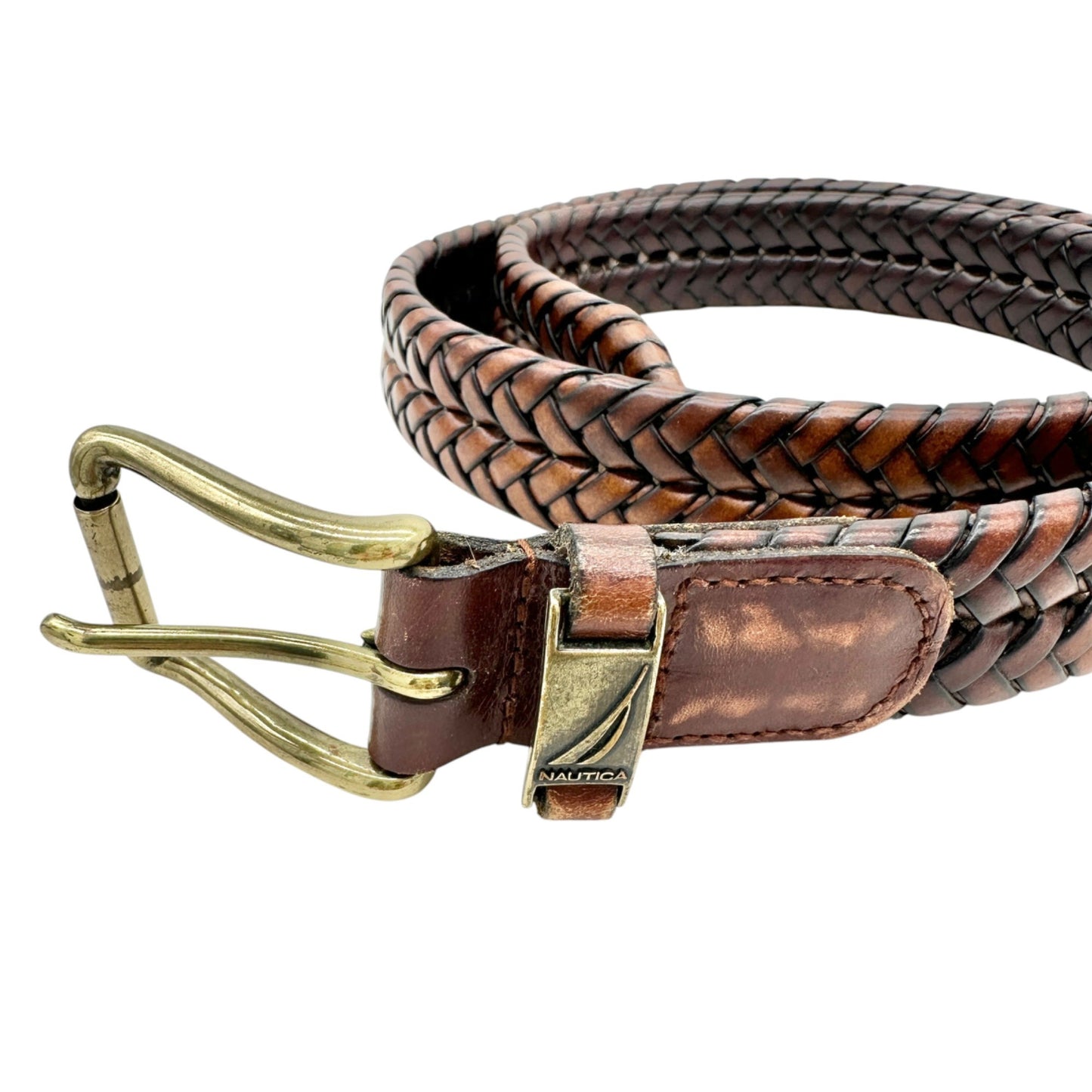 2 Nautica Braided Genuine Leather Belts In Black and Brown Metal Buckles Size 34