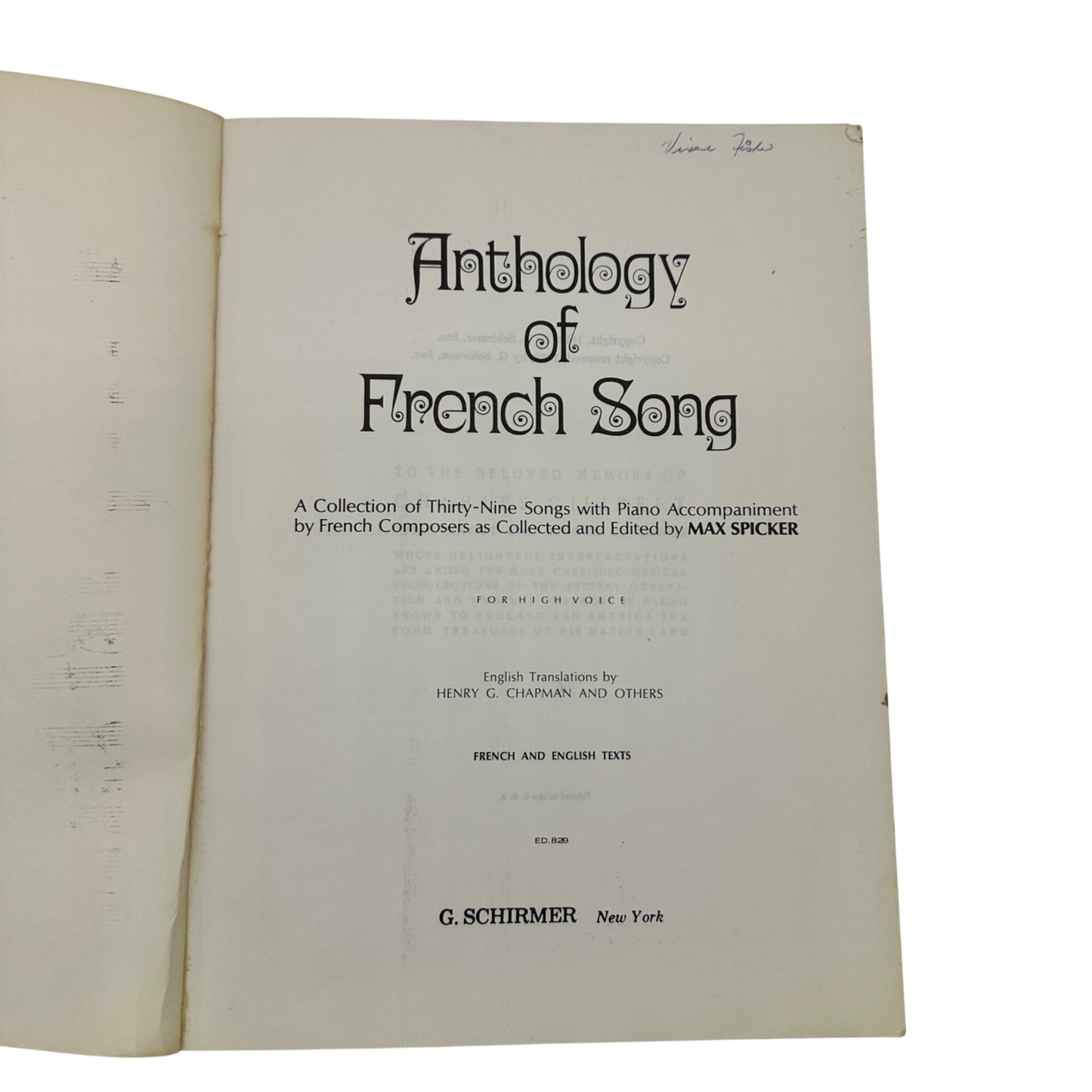 Anthology Of French Song High Voice Edition 39 Songs w Piano Spicker Schirmer
