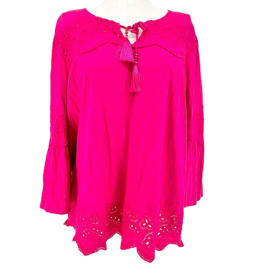 Lauren Ralph Lauren Boho Peasant Top Womens 2X Fuchsia Embroidered with Tassels