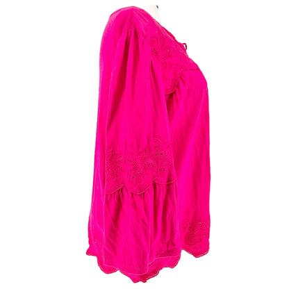 Lauren Ralph Lauren Boho Peasant Top Womens 2X Fuchsia Embroidered with Tassels