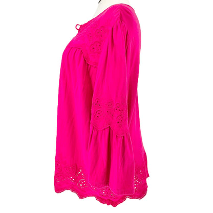 Lauren Ralph Lauren Boho Peasant Top Womens 2X Fuchsia Embroidered with Tassels