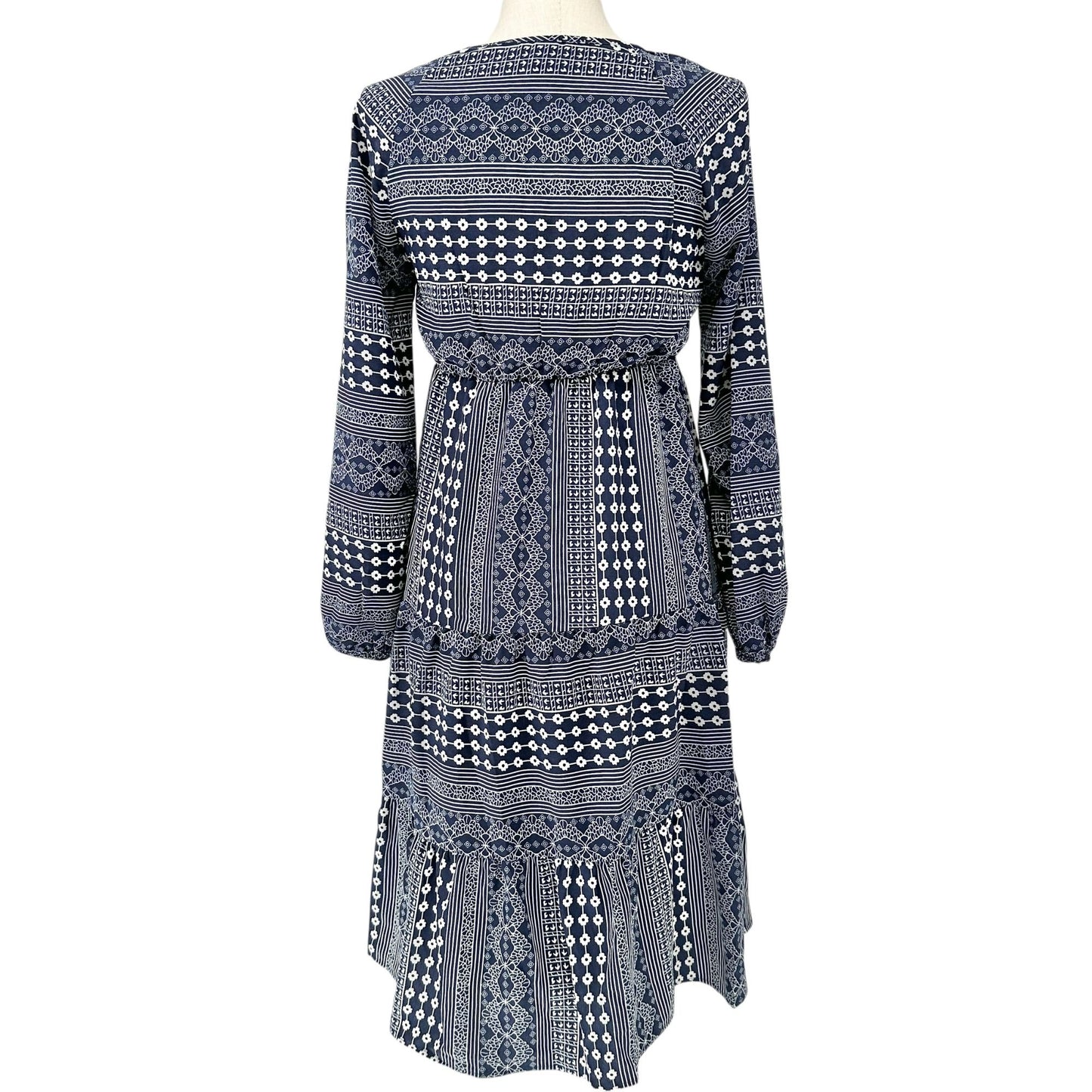 Emery Rose Dress Womens L Bohemian Navy and White Floral Print Long Sleeve