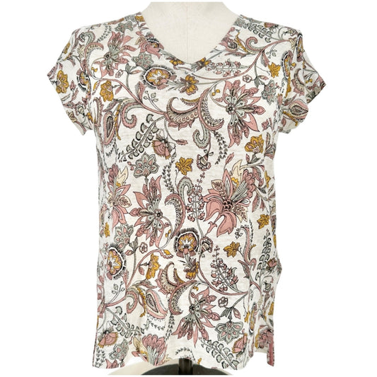 Rachel Zoe Top Womens Small Tan Mauve Floral Linen VNeck Short Sleeve Hi Low Hem