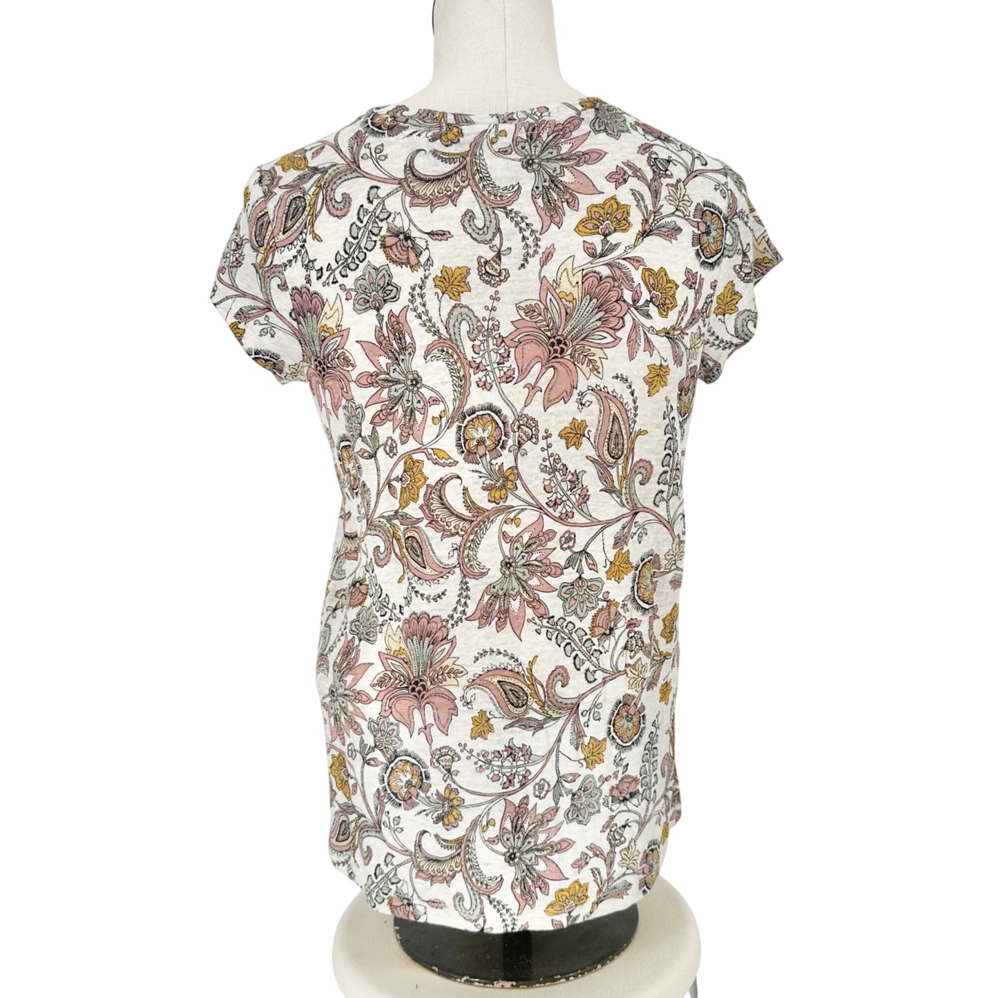 Rachel Zoe Top Womens Small Tan Mauve Floral Linen VNeck Short Sleeve Hi Low Hem