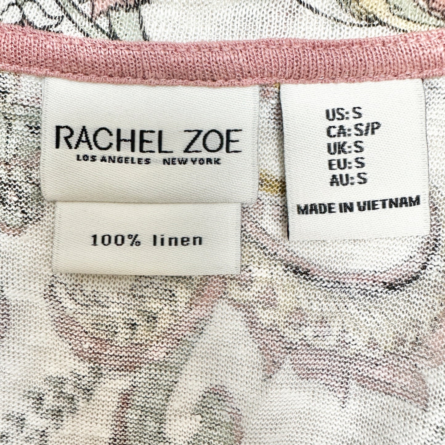 Rachel Zoe Top Womens Small Tan Mauve Floral Linen VNeck Short Sleeve Hi Low Hem