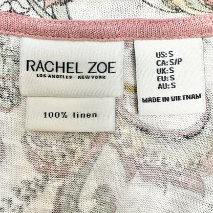 Rachel Zoe Top Womens Small Tan Mauve Floral Linen VNeck Short Sleeve Hi Low Hem