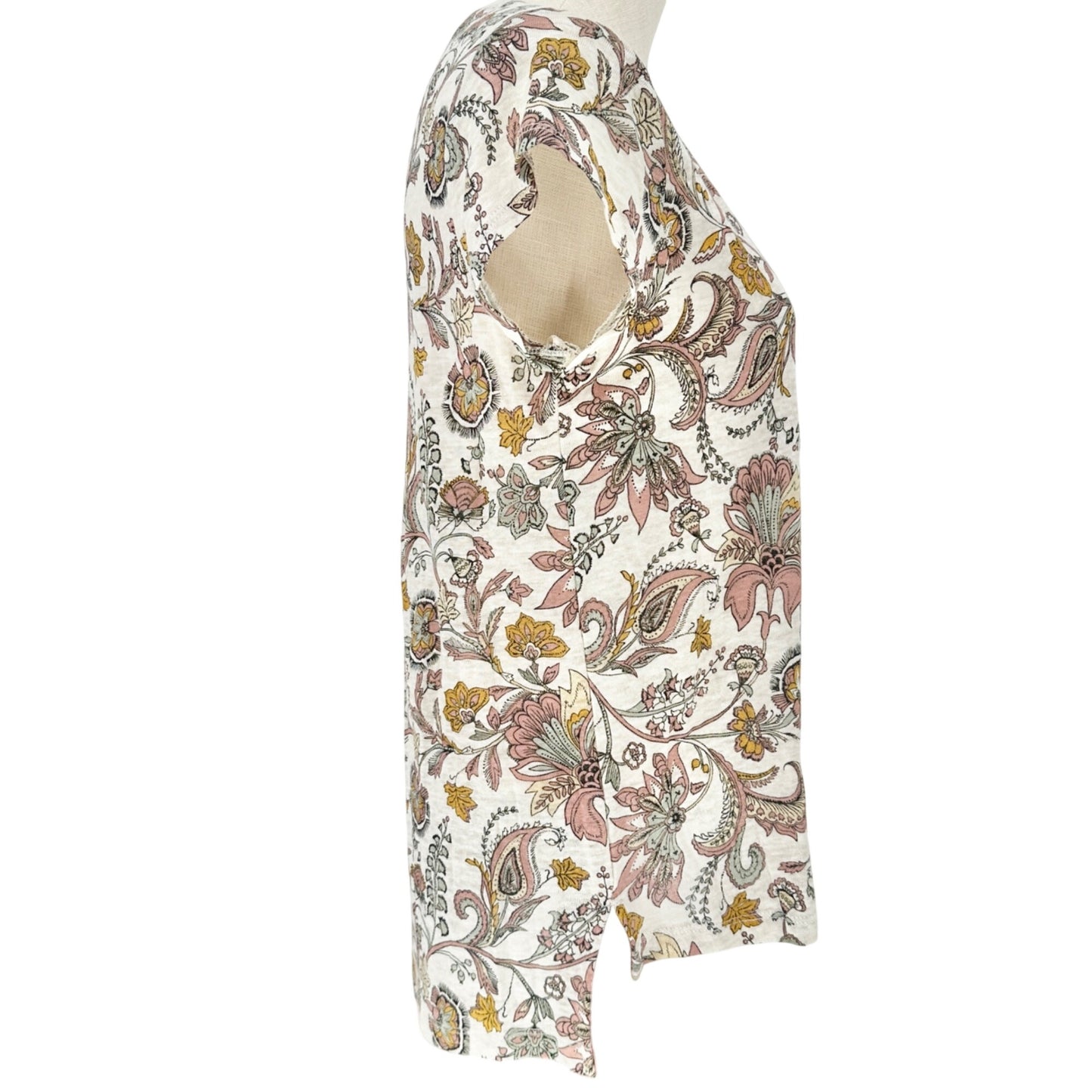 Rachel Zoe Top Womens Small Tan Mauve Floral Linen VNeck Short Sleeve Hi Low Hem