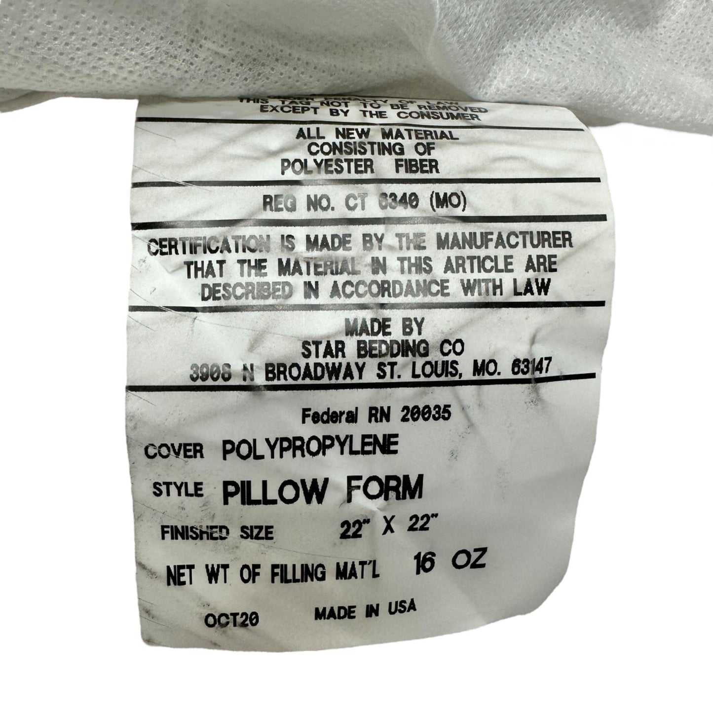 Pillow Form 22 X 22 Square Polyester Fiber Insert By Star Bedding Co.