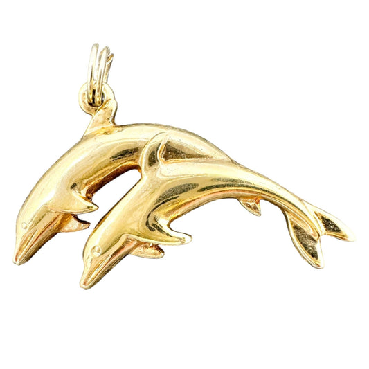 Goldtone Double Dolphin Pendant Charm Ocean Theme Jewelry Gift 1.5 inch Wide