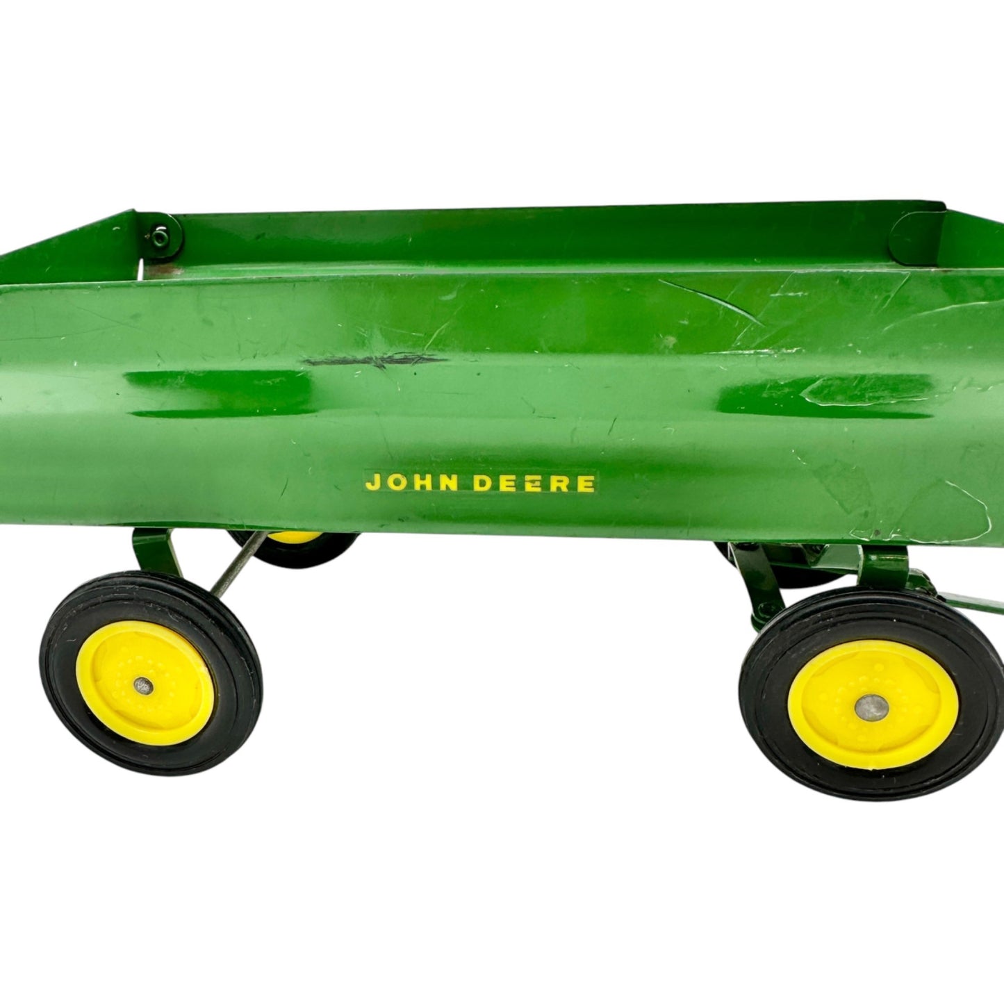 Vintage John Deere Toy Wagon Trailer with Hitch Green Metal Yellow Wheels