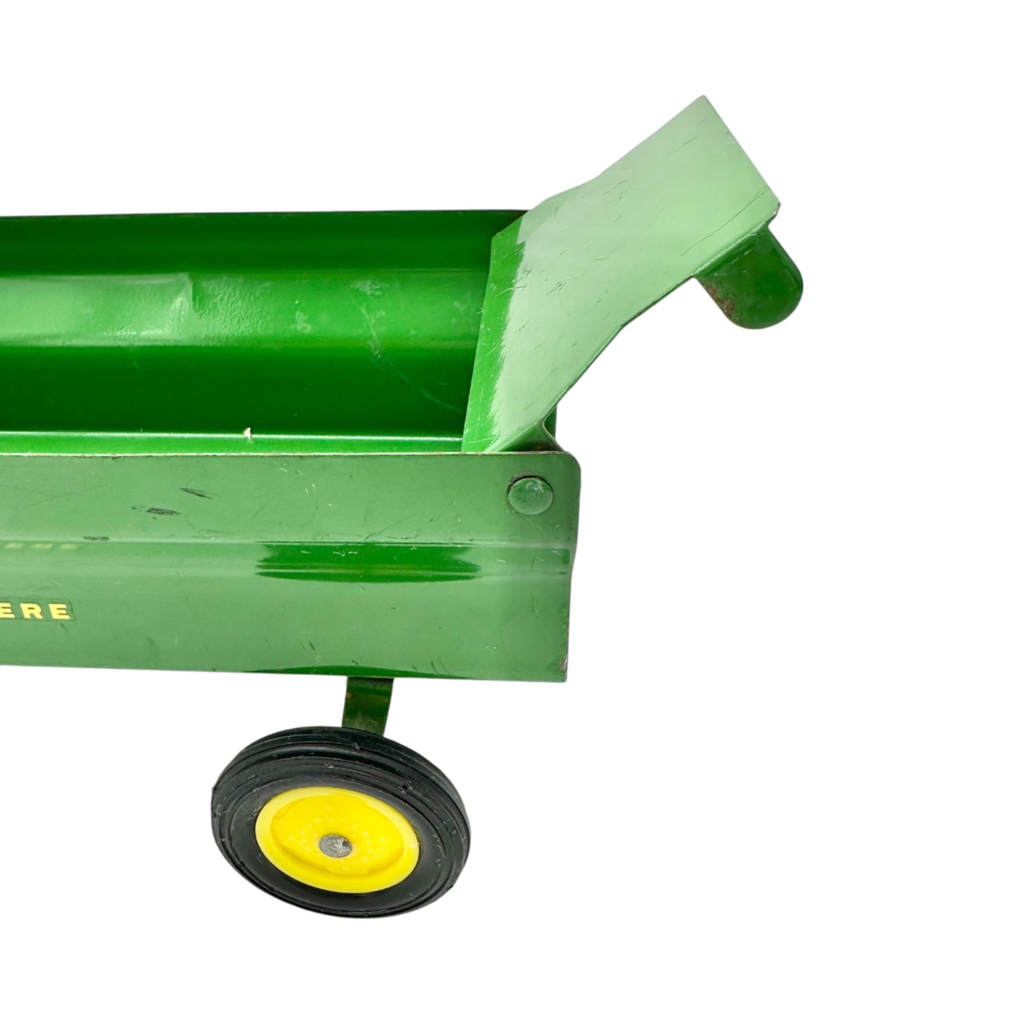 Vintage John Deere Toy Wagon Trailer with Hitch Green Metal Yellow Wheels