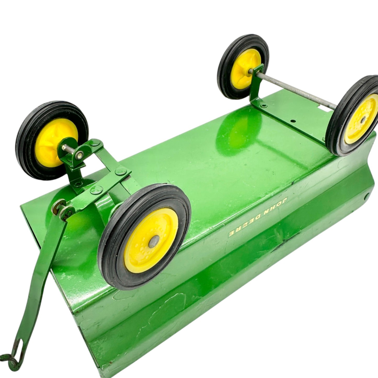 Vintage John Deere Toy Wagon Trailer with Hitch Green Metal Yellow Wheels