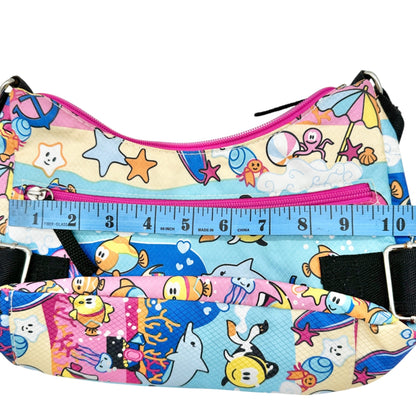 Colorful Ocean Sea Adventure Motif Handbag Adjustable Strap Blue Pink 10x6.5x2.5