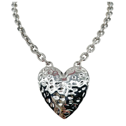 Hammered Silver Heart Pendant Necklace Chunky Chain Adj Lobster Clasp Closure