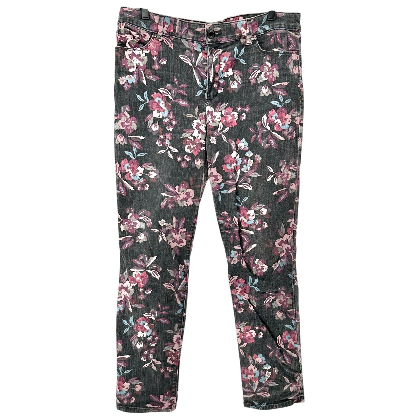 Bandolino Denim Pants Womens 12 Black Floral Print Cotton Blend Slim Fit Stretch