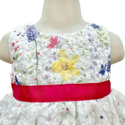 Blueberi Boulevard Child's Dress Size 18M White Stitched Flowers Pink Bow EUC