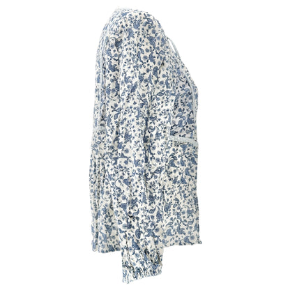 Old Navy Peasant Button-up Blouse Womens S Petite Blue White Floral Rayon Cotton