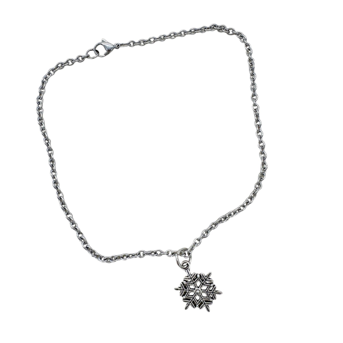 Snowflake Charm Silver Tone Anklet Lobster Clasp 12" Chain For Women Or Teens