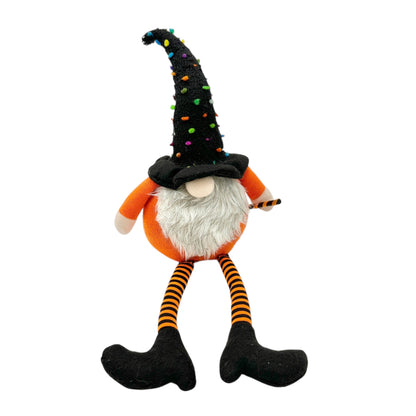 Halloween Gnome Witch Plush Decoration With Broom and Striped Legs Orange Black