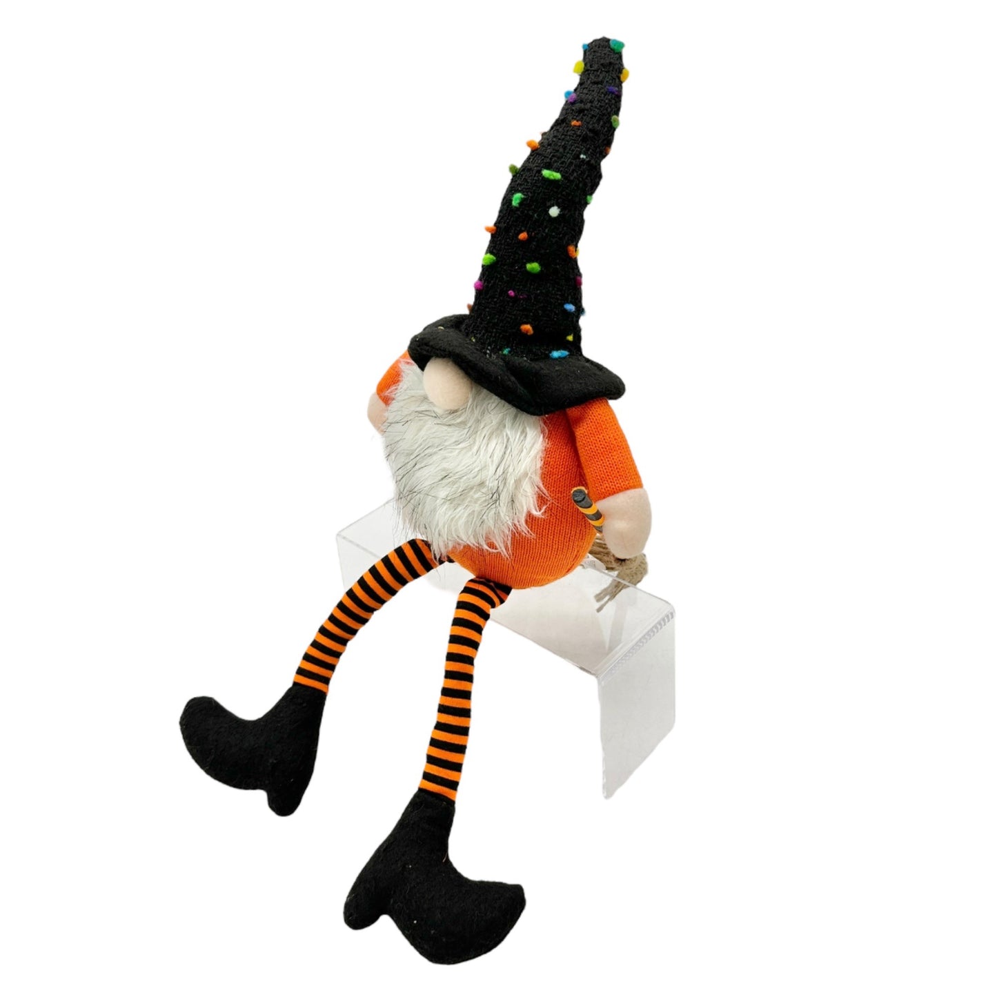 Halloween Gnome Witch Plush Decoration With Broom and Striped Legs Orange Black