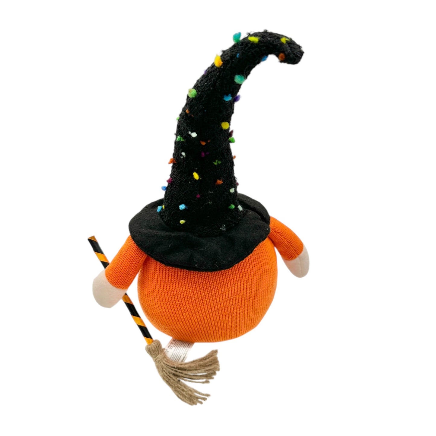 Halloween Gnome Witch Plush Decoration With Broom and Striped Legs Orange Black