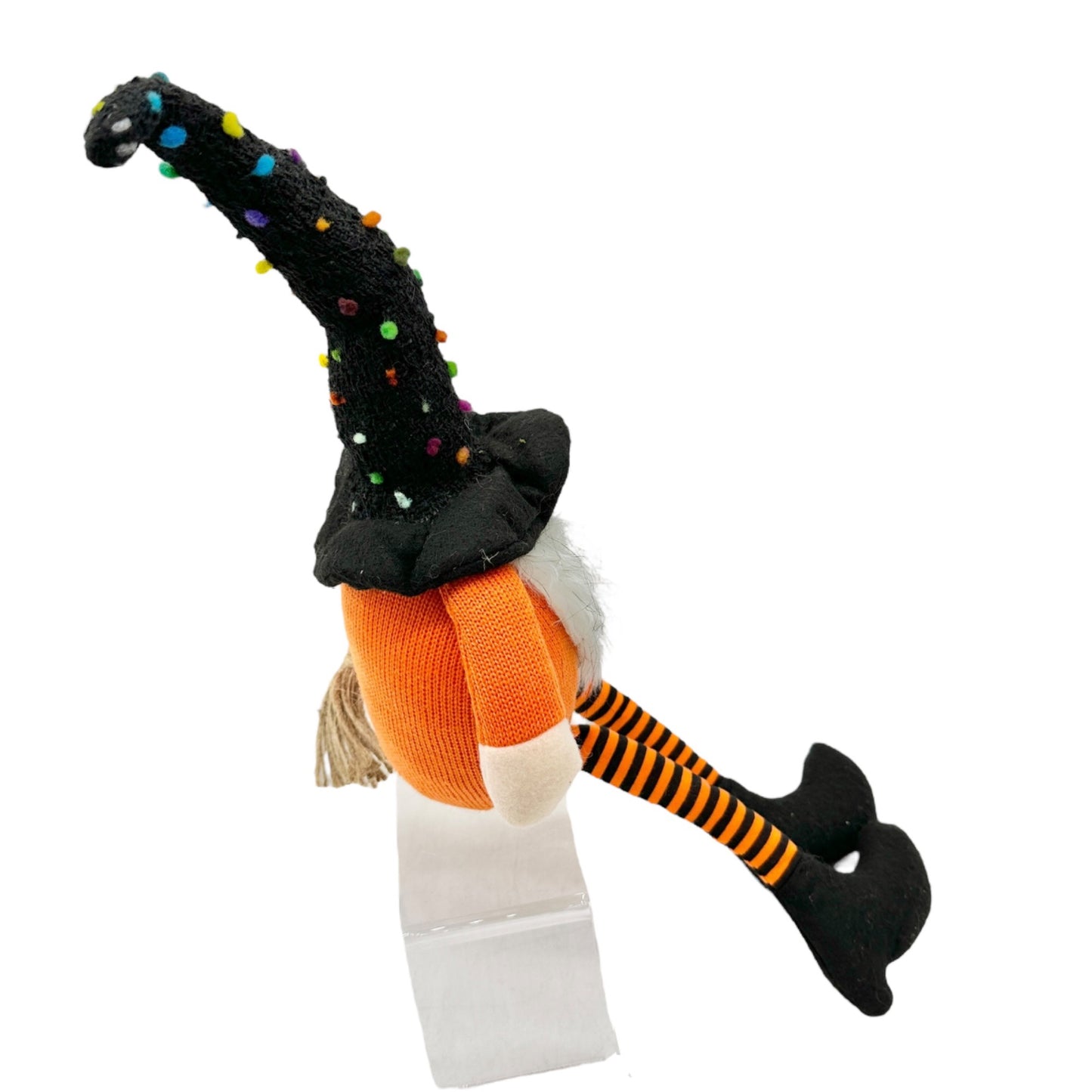 Halloween Gnome Witch Plush Decoration With Broom and Striped Legs Orange Black