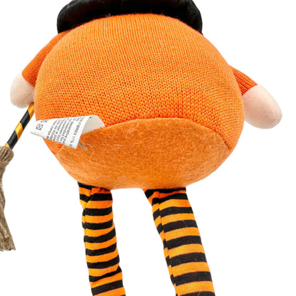 Halloween Gnome Witch Plush Decoration With Broom and Striped Legs Orange Black