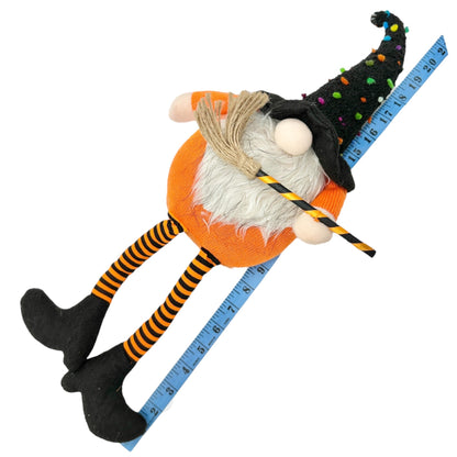 Halloween Gnome Witch Plush Decoration With Broom and Striped Legs Orange Black