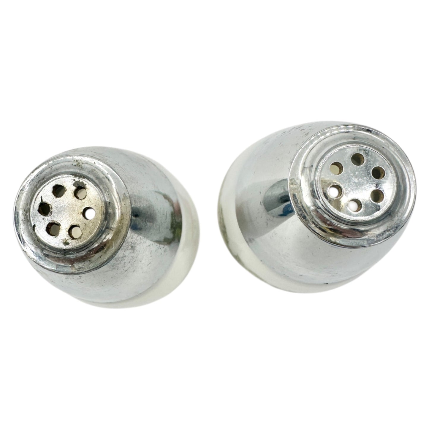 French Salt and Pepper Shakers La Saliere Le Poivrier White Glass Chrome Veggies