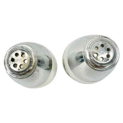 French Salt and Pepper Shakers La Saliere Le Poivrier White Glass Chrome Veggies