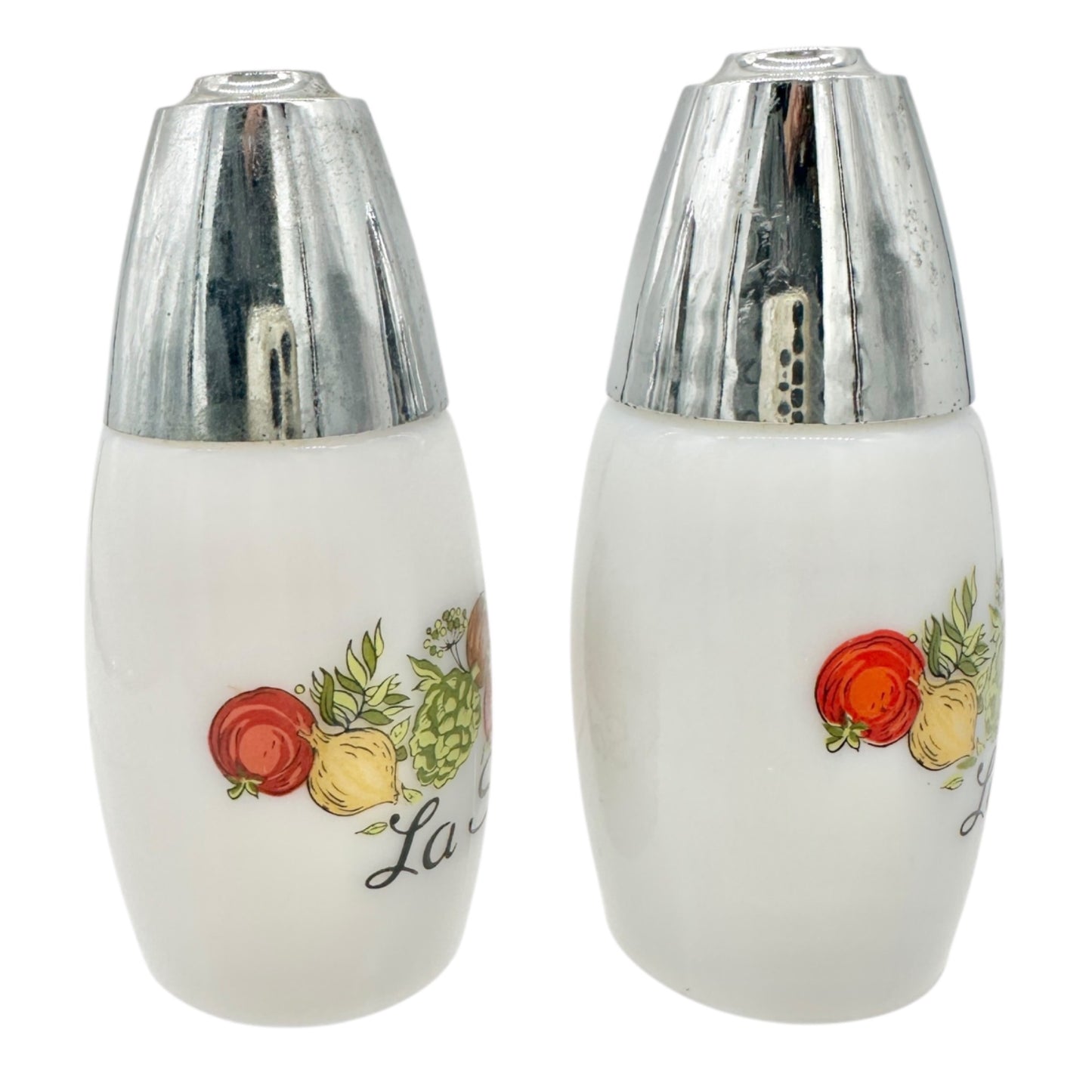 French Salt and Pepper Shakers La Saliere Le Poivrier White Glass Chrome Veggies