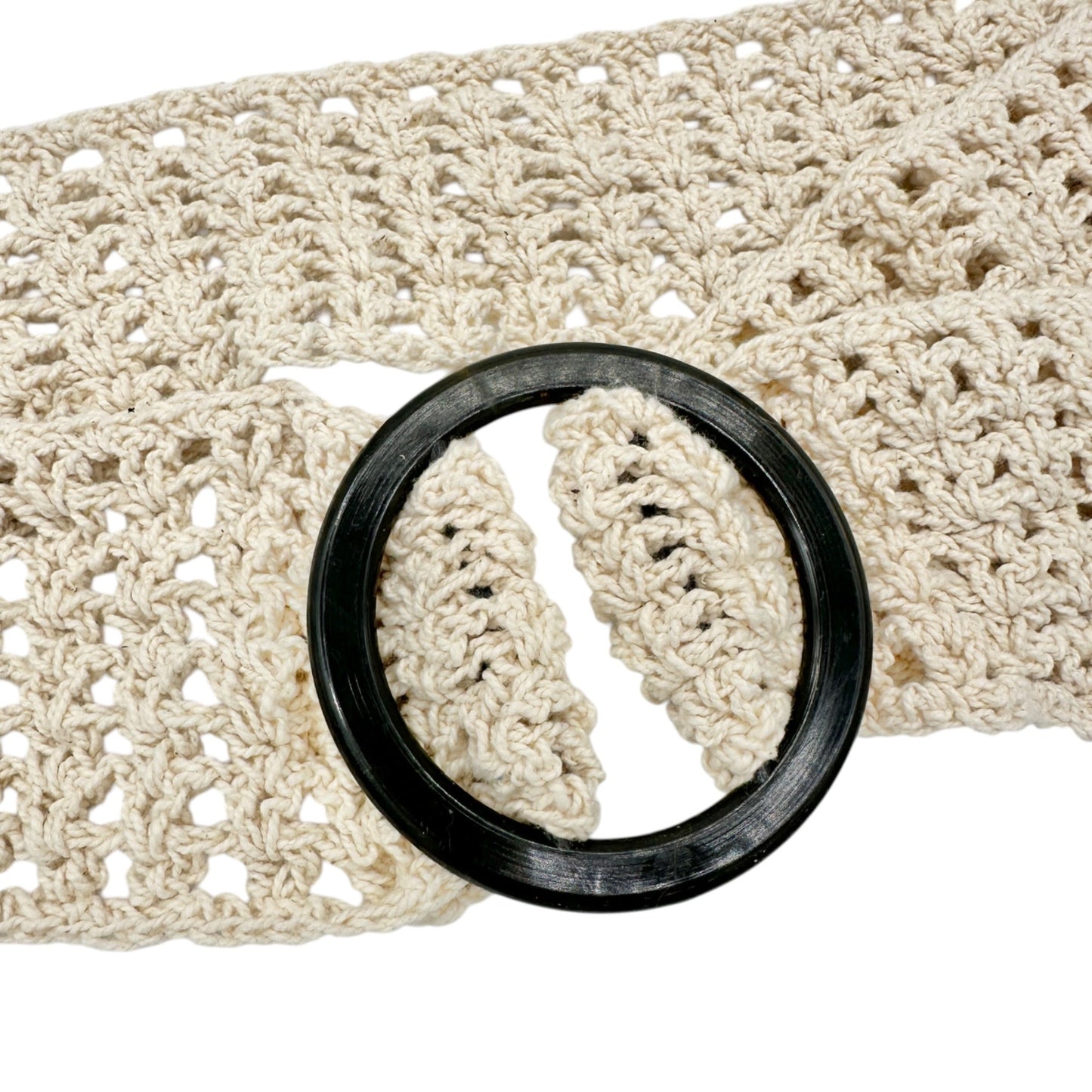 Beige Crochet Belt With Black Ring Buckle 40.5 inch Long Handmade Woven Design
