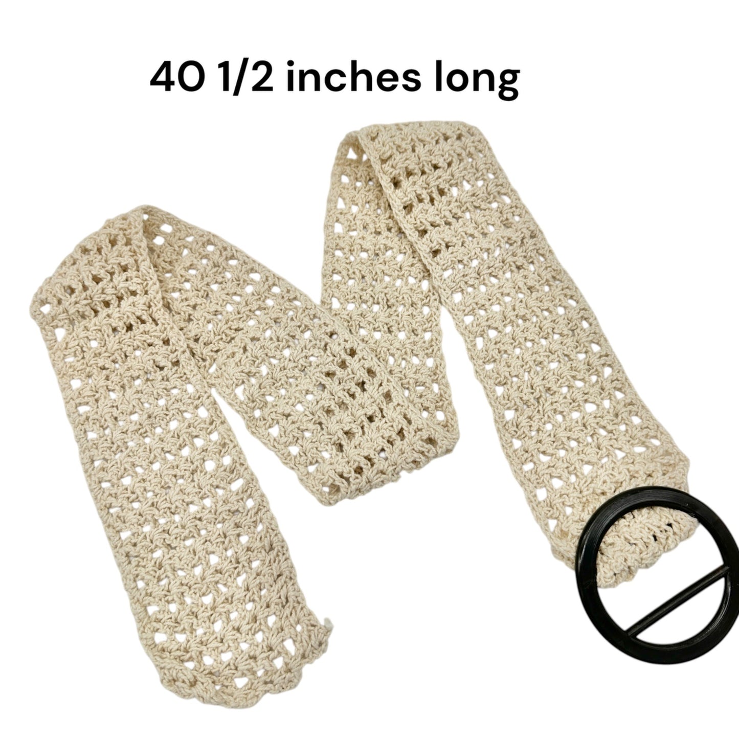 Beige Crochet Belt With Black Ring Buckle 40.5 inch Long Handmade Woven Design