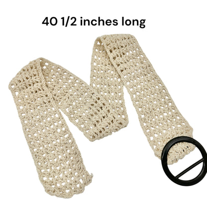 Beige Crochet Belt With Black Ring Buckle 40.5 inch Long Handmade Woven Design