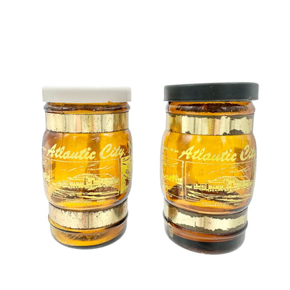 Vintage Atlantic City NJ Amber Glass Barrel Salt & Pepper Shakers With Gold Trim