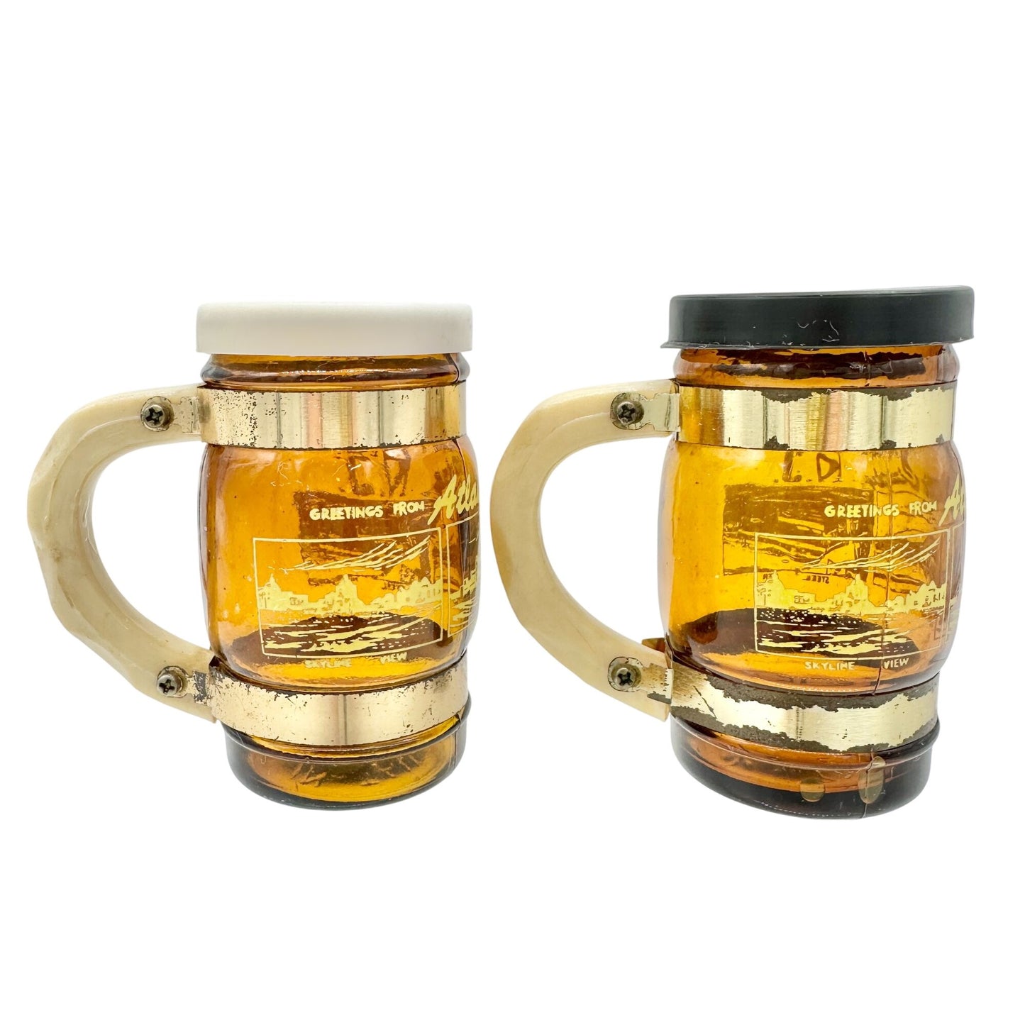 Vintage Atlantic City NJ Amber Glass Barrel Salt & Pepper Shakers With Gold Trim