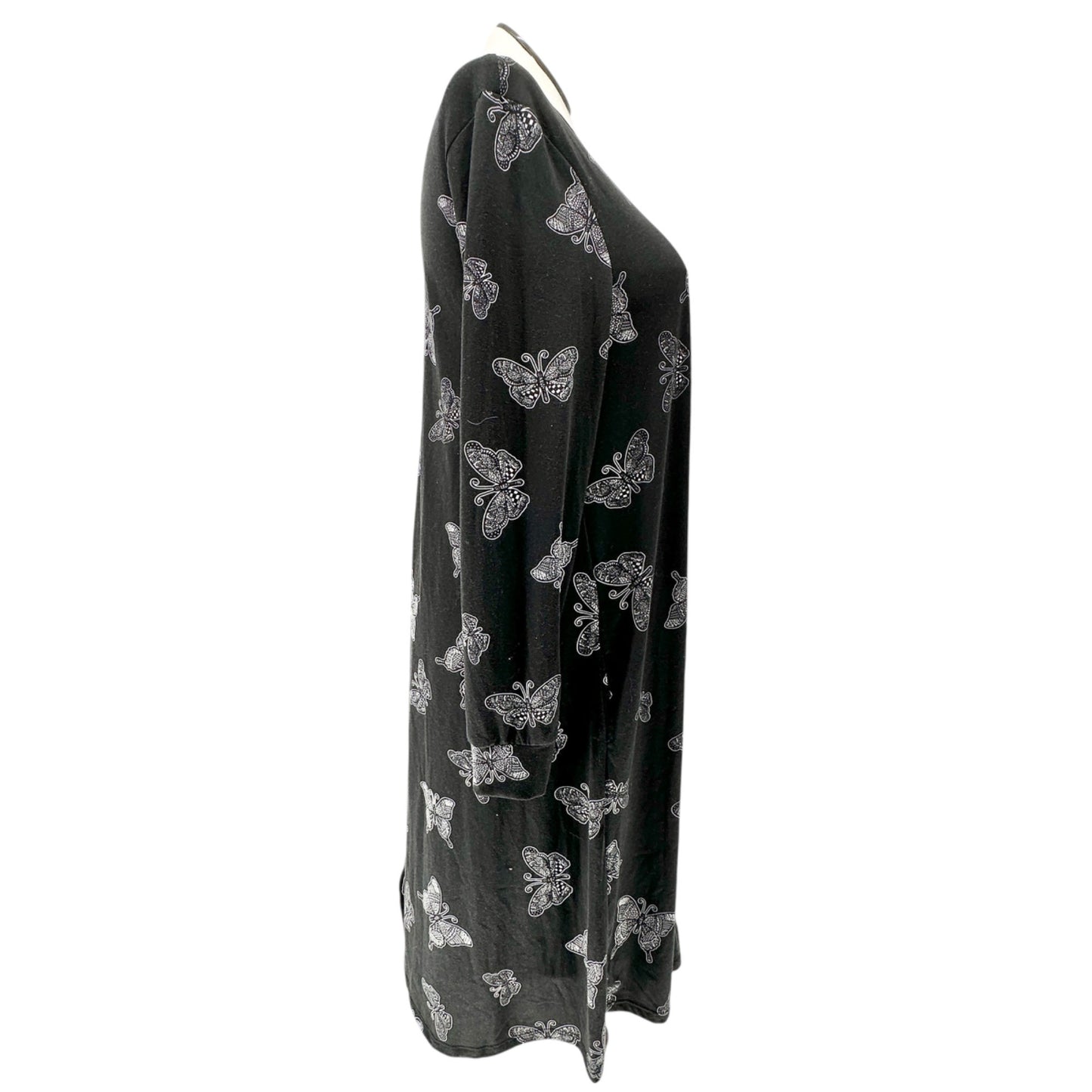 Lularoe Emily Dress Womens L Black White Butterfly Print LS Side Pockets Soft
