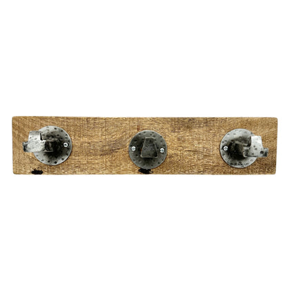 Rustic Wood and Hammered Metal 3-Hook Wall Mounted Coat or Hat Rack