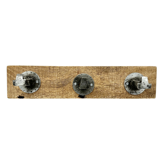 Rustic Wood and Hammered Metal 3-Hook Wall Mounted Coat or Hat Rack
