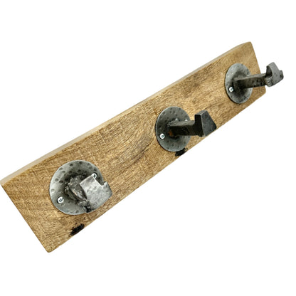 Rustic Wood and Hammered Metal 3-Hook Wall Mounted Coat or Hat Rack