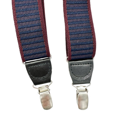 Suspenders Navy Burgundy Striped With Silver Clips Leather Accents Adjustable