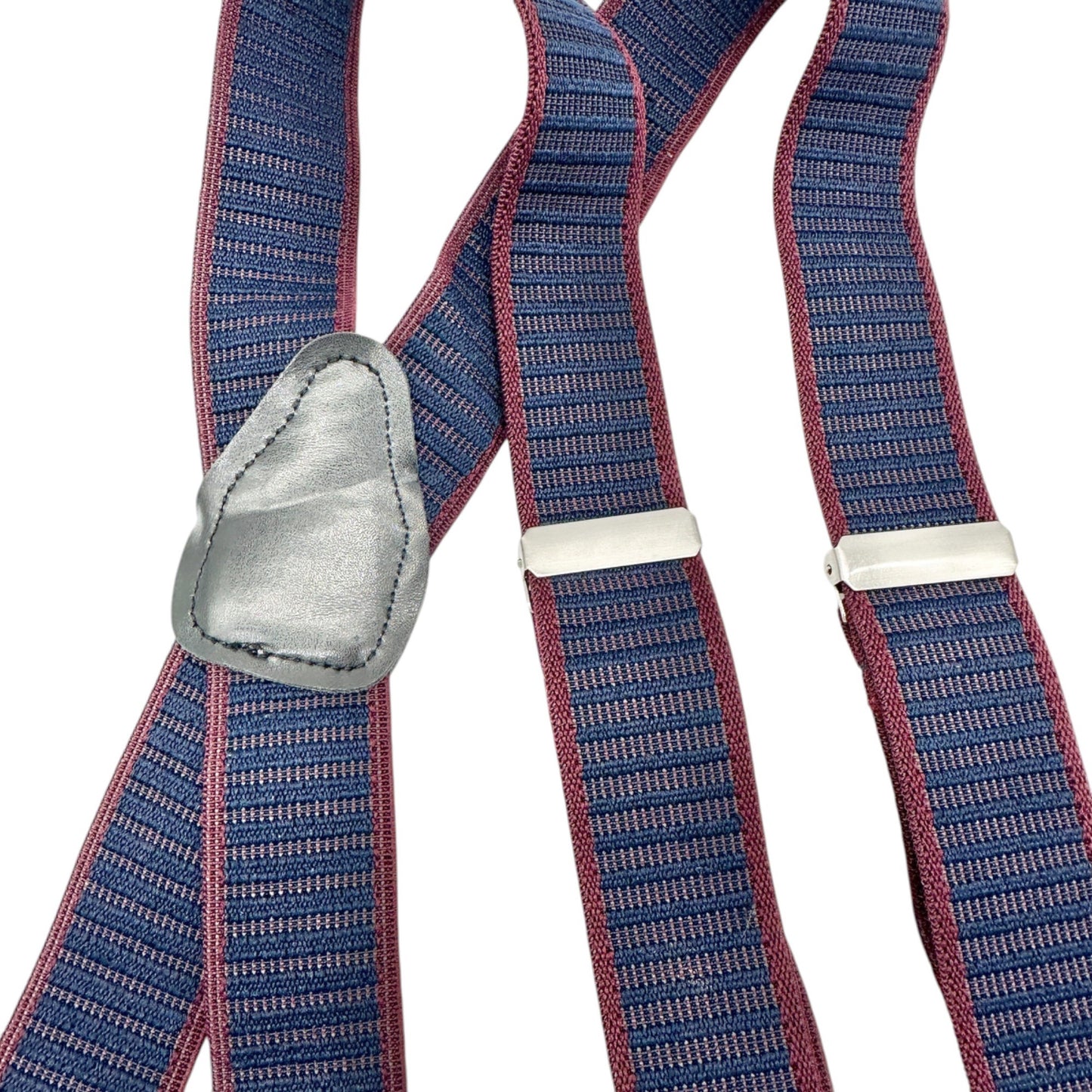 Suspenders Navy Burgundy Striped With Silver Clips Leather Accents Adjustable