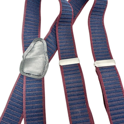 Suspenders Navy Burgundy Striped With Silver Clips Leather Accents Adjustable