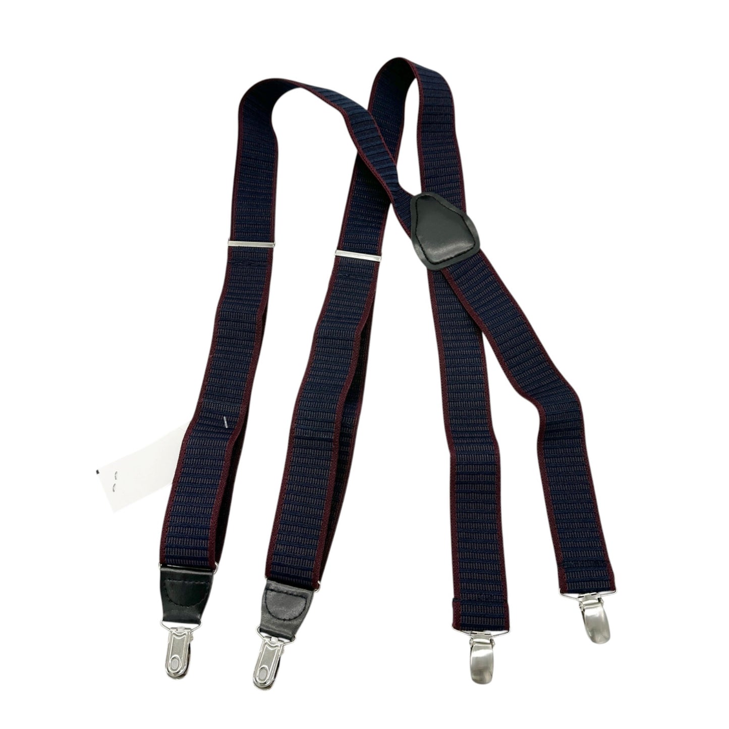 Suspenders Navy Burgundy Striped With Silver Clips Leather Accents Adjustable