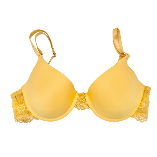 Yellow Padded Bra Size 34B Adjustable Straps Hook Closure Floral Lace Trim