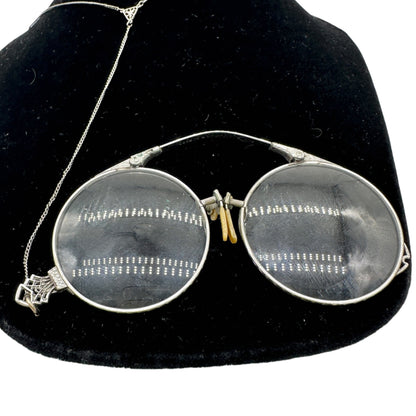 Vintage Folding Reading Glasses on 24 Inch Chain In Original Brown Leather Case