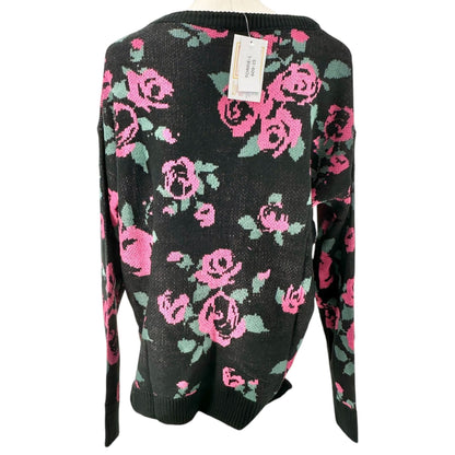 LuLaRoe Torrie Sweater Womens L Black Acrylic LS Pink Green Floral Print V-Neck