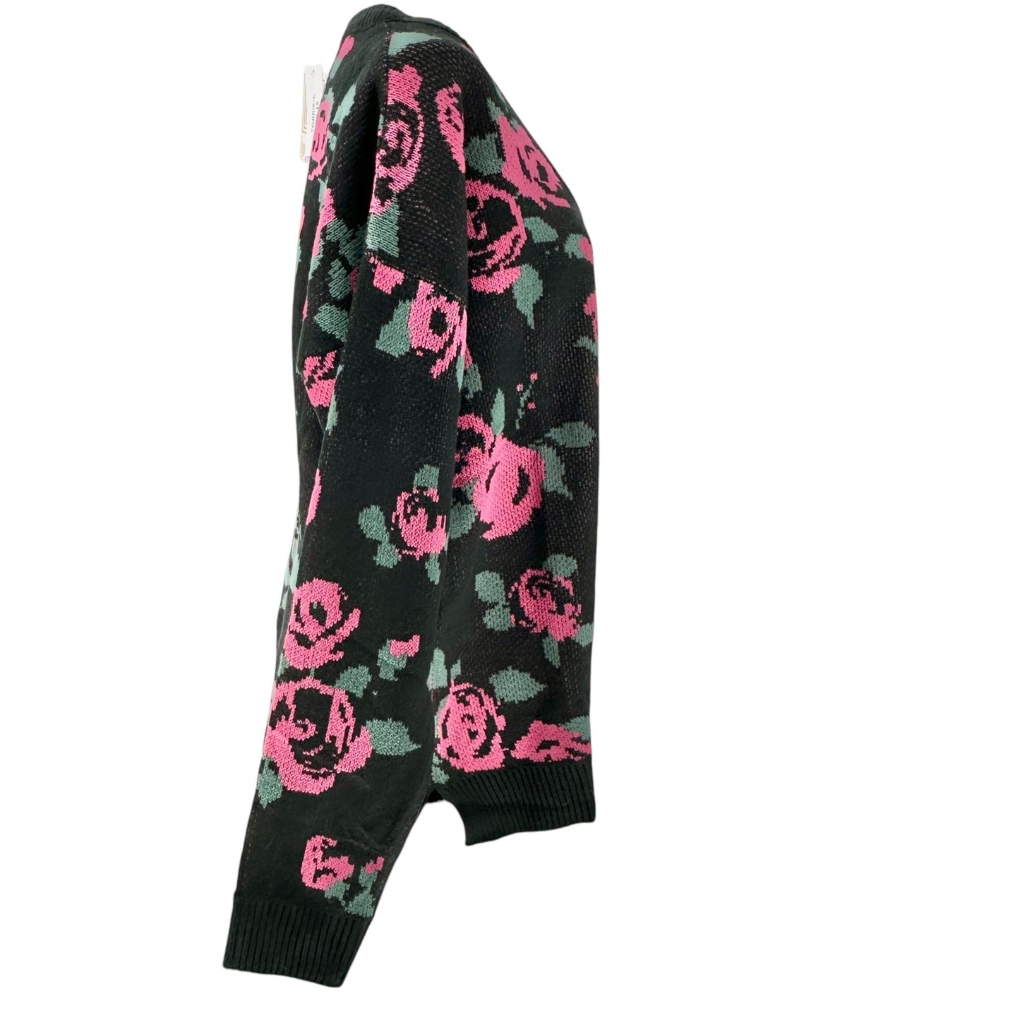 LuLaRoe Torrie Sweater Womens L Black Acrylic LS Pink Green Floral Print V-Neck