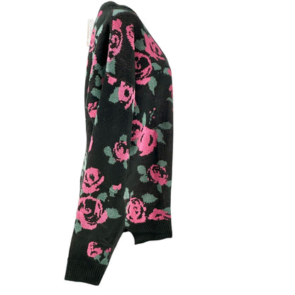 LuLaRoe Torrie Sweater Womens L Black Acrylic LS Pink Green Floral Print V-Neck