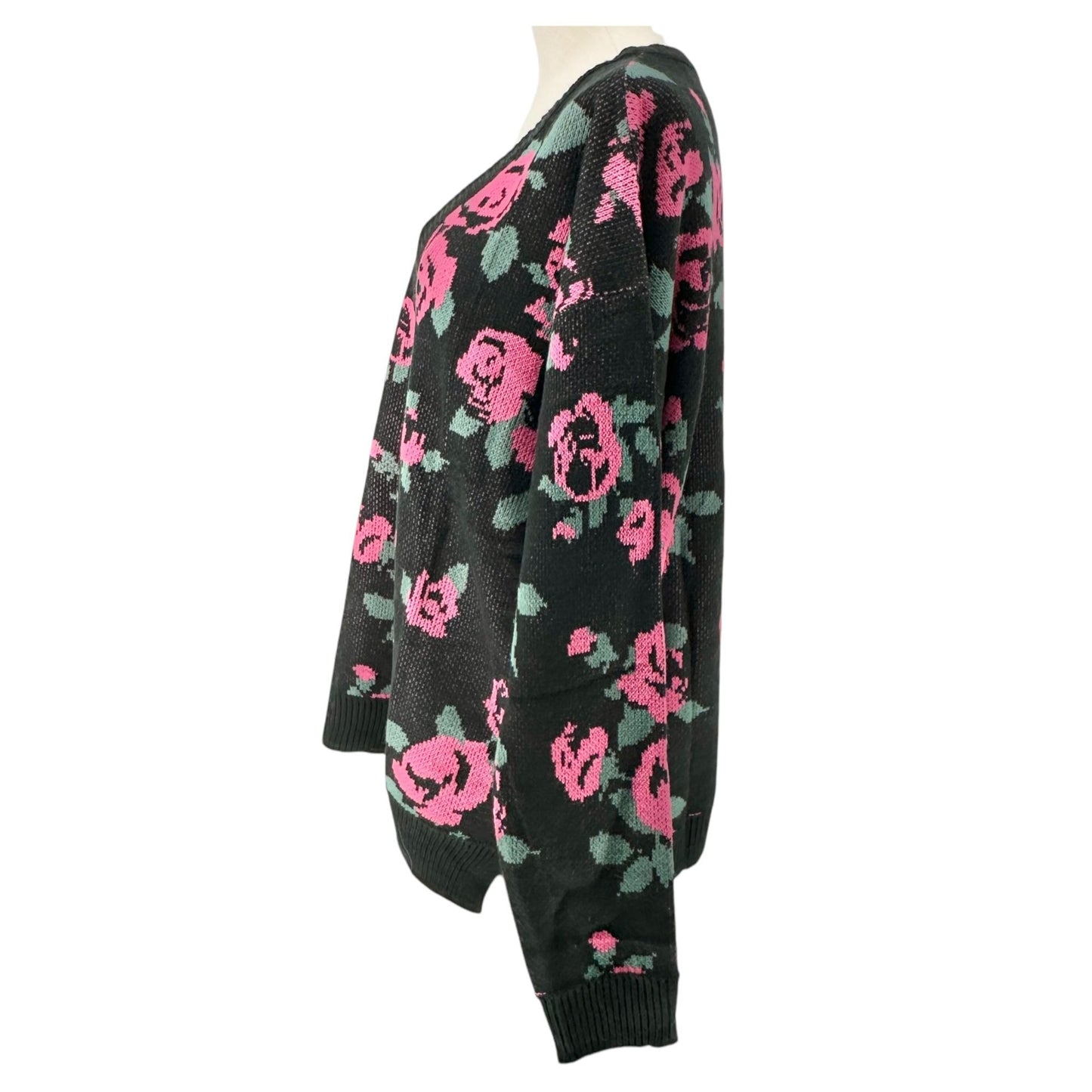 LuLaRoe Torrie Sweater Womens L Black Acrylic LS Pink Green Floral Print V-Neck